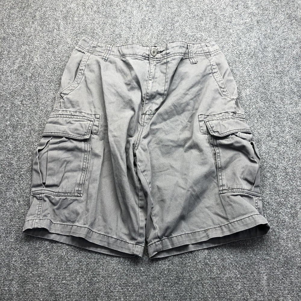 Cargo Shorts Mens 38 Gray Canvas Elastic Waist 11 Inseam Utility Pockets